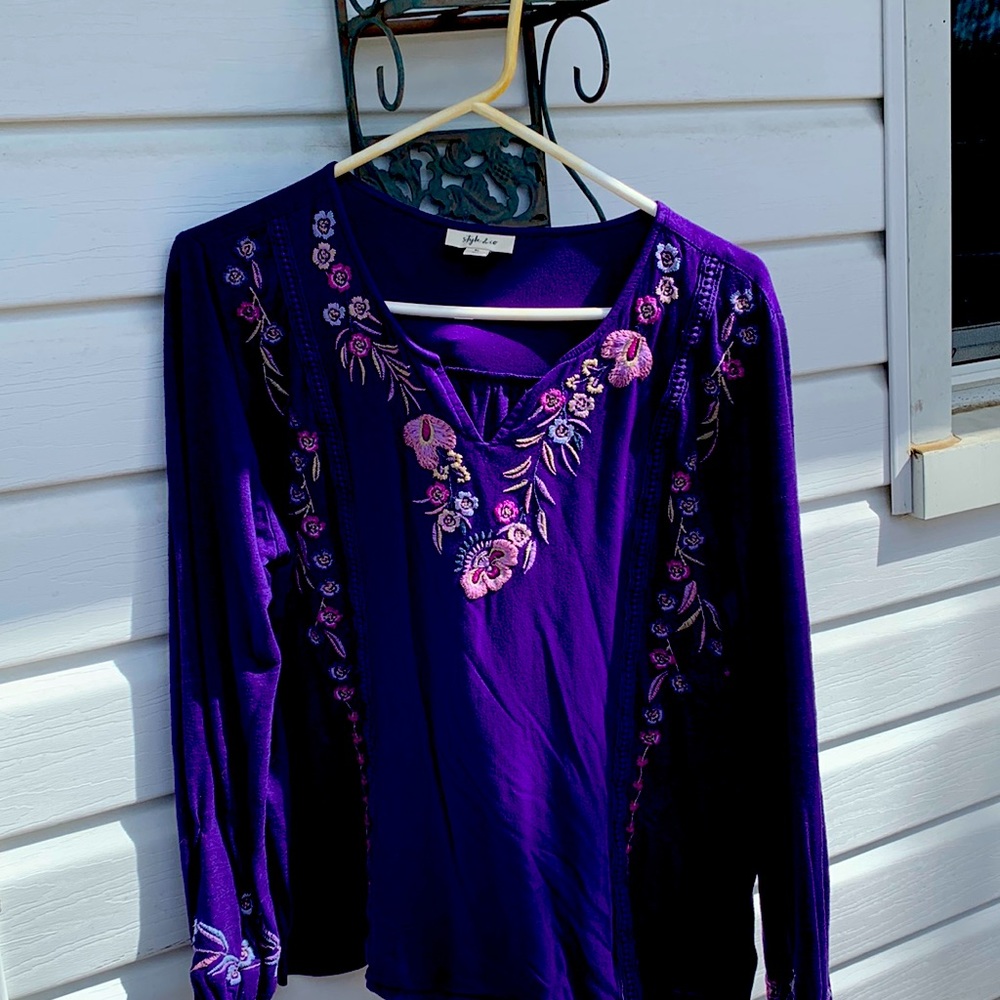Long sleeve embroidered purple blouse
